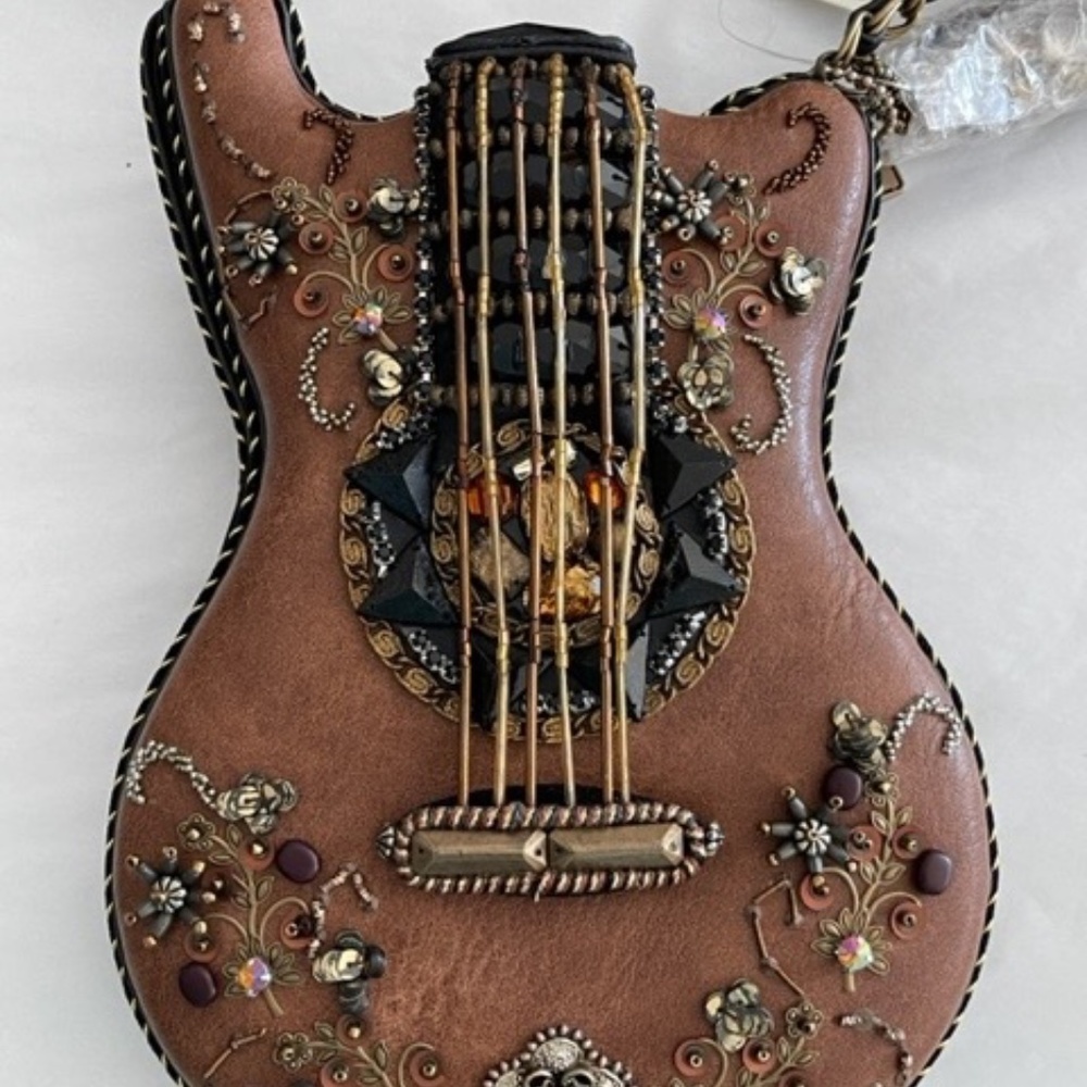 Mary Frances Special Hall Of Fame Bag Guitar Brown Beaded Handbag Music Tan NEW - Picture 8 of 11